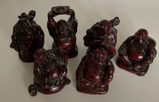 6 Small Lucky Buddha Figurines, Red Resin