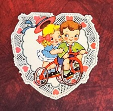 Vintage Fold Over Boy Girl Kids On A Trike Valentine Day Card 1940’s USA