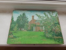 vintage watercolour  painting of goat lodge farm, on a wood panel, painted 1986