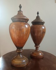 Pair Neo Classical Treen Walnut Urns and Covers Brass Finials Hand Carved