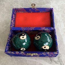 Chinese Stress Therapy Baoding Chime Balls Green Yin Yang Theme with Box