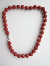 Red Genuine Natural Grass Coral Gem Beaded Necklace w Heart Clasp, 20" Long 12mm
