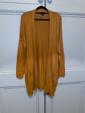 Mustard Ochre Long Line Cardigan Size 12 Open Front Pockets Jacket Fine Knit