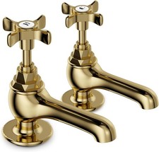 Victorian Style Polished Gold Brass Basin Taps Cross Lever - Pair (Set of 2)