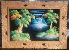 Vintage Black Velvet Landscape Trees Water Scene Painting Carved Wooden Frame