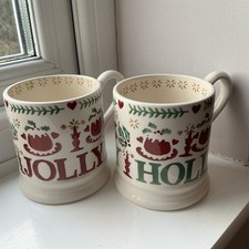 Emma Bridgewater 1/2 Half Pint Mug Pair; Christmas Pudding Jolly Holly Design