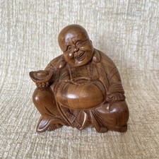 Smiling Buddha Figurine Hand Carved Wooden Statue Ornament Mid Brown Laughing