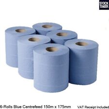 (6 Rolls) 175mm Blue 2-Ply Centrefeed Roll 150m Hand Towel Wiping Drying VAT Inc