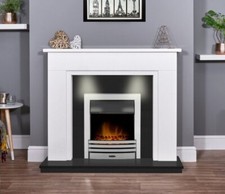 CHROME ELECTRIC FIRE WHITE MARBLE GRANITE FIREPLACE DOWN LIGHTS REMOTE CONTROL