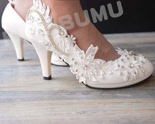 Unique  Lace Gems Wedding Formal Bridal Bridemaid Pump High Low Heels flat shoes