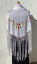 Vntg Handmade White Spanish Shawl Multicoloured Hand Embroidery Border+XL Fringe