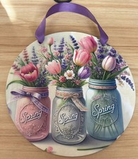 20 X 20cm Beautiful Spring Jars & Spring Flower Design Wooden Sign Gift