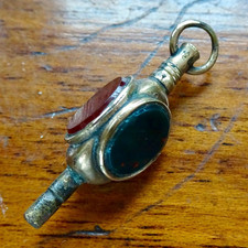 antique Victorian red green AGATE gilt watch key fob pendant charm -722