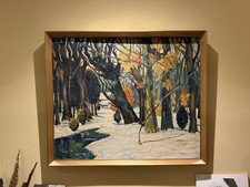 Mid Century Northern Art Oil On Board Abstract Winter Painting Antique Vintage