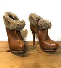 Festival - Tan Fur Cuff Rounded-Toe High Heel Ankle Boots Size 4 - Classic