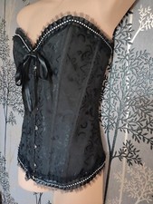 Ladies Black Ruffled Diamante Trimmed Basque Corset Size M 12-14 Sexy Burlesque 
