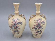 Pair Of Small Antique Victorian Blush Cream Vases Floral Decoration