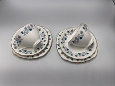 2 x Royal Vale 7775 Teal Leaves Pink Berries Gold Trim Cup/Saucer/Side Trios B