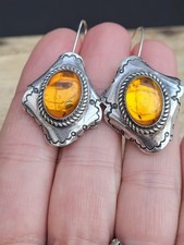 Vintage Sterling Silver, Amber J Linkin Drop Earrings. Navajo. Native American