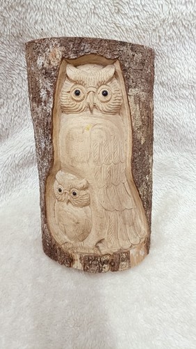 Carved owl wood log - carved,
