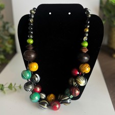 Vintage Style Chunky Wooden Bead Necklace – Multicolor Boho Statement Jewelry