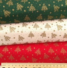 CHRISTMAS COTTON FABRIC SEWING MATERIAL METALLIC CHRISTMAS TREE RED CREAM GOLD
