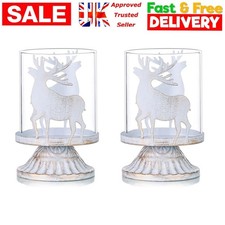 2PCS Vintage Antique Metal & Glass Pillar Candle Holders Christmas Deer Decorat