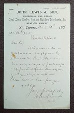 1906 John Lewis & Son Builders' Merchants, St. Clears Letter to Pembroke Dock