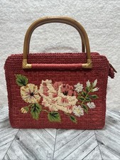 VTG Fossil red floral embroidered straw wooden handle small zippered Purse NWT