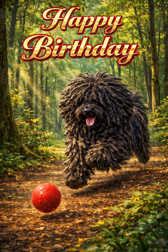 Hungarian puli birthday card - hungarian,