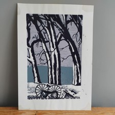 Vintage Original Screen Print Blue Purple Grey Woodland Scene Old Bicycle Hare