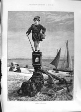 Old 1891 Child Young Seaside Scene Sailing Boat Bucket Spade Fleet St Victorian