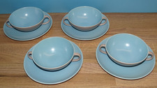 4 Poole Pottery Twintone Handled Soup Bowls & Plates Vintage Retro Classic 1950s