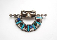 BN Vintage 1980's Deco Egyptian Revival Faux-Enamel & Crystal Mask Motif Brooch