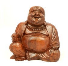 Hand Carved Wooden Laughing Buddha Statue 21cm Happy Fat Chinese