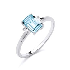 9ct White Gold Aquamarine & Baguette Cut Diamond 3 Stone Ring size K to S