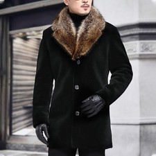 Mens Faux Fur Overcoat Fur Collar Outdoor Jacket Trench Coat Parka Thicken