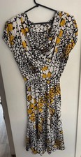 Vintage 1980s House of Fraser occasion dress Yellow Black White Satin Sash Sz 12