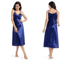 Satin Full Slip Dress Midi V Neck Strap Sleepwear Nightie Women Faux Silk
