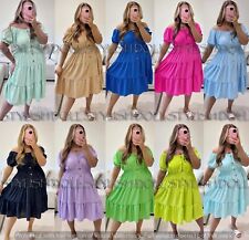 Ladies Elastic Bardot Off Shoulder Magic Button Summer Smock Tiered Midi Dress