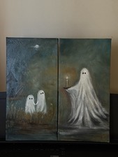 Two-Panel Ghost Art – Hand-Painted Oil on Canvas, Moody Night Scene