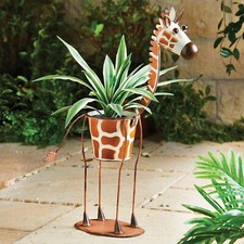 Giraffe Garden Planter | Hand-Painted Animal Pot with Beaded Eyes & Ground Spike