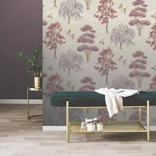 Mauve Willow Woodland Wallpaper Birds Trees Forest Vintage Rasch Elegant Homes