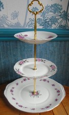 3 tier china cake stand made from vintage mismatched plates with roses