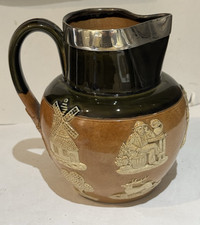 Large Antique Royal Doulton Silver Mounted Beer Jug In Olive And Brown