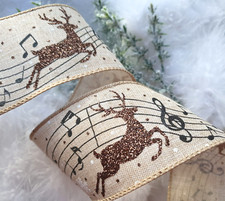 1m x 63mm Wired Christmas Ribbon Natural Beige Music & Bronze Glitter Reindeer