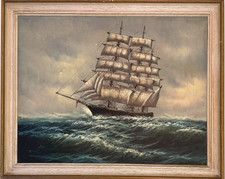 Vintage oil painting on canvas nautical clipper ship on rough seas signed framed