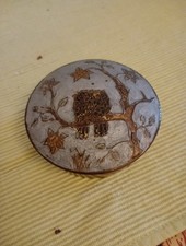Mid Century Enamel and Brass Trinket Box Featuring Resting Owls On A Branch