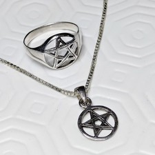 Matching sterling silver set of Wiccan Pentagram ring and necklace