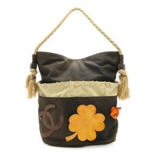 CHANEL Fishnet Rope Coco Mark Camellia Tote Bag Handbag Canvas Leather Wood Blac